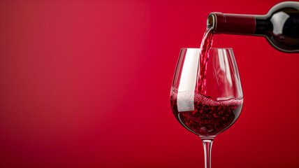 Pouring red wine from bottle into the wineglass. Bottle, red wine glass.  Banner, spase for text