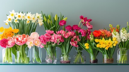  a row of vases filled with colorful flowers on top of a green shelf next to a gray wall with a white wall behind the vase and a row of multicolored flowers.
