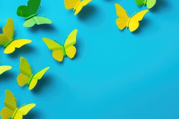 Fototapeta na wymiar Yellow butterflies on blue background with copy space. Top view. spring pattern nature background