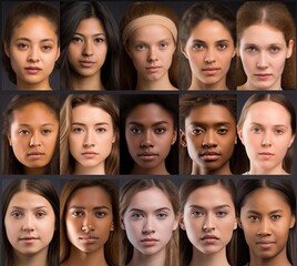 Obraz premium Gender. A series of portraits representing variety and richness of human race. Women of different skin color. Beauty of diversity. Collage of phenotypes, ethnicities and facial features of women. Hair