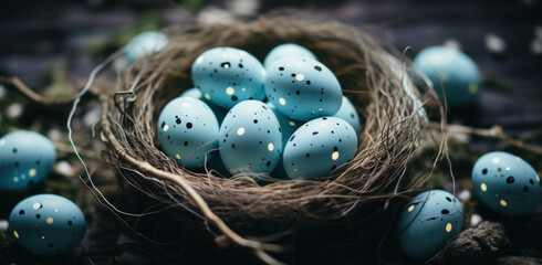 Easter eggs, Nest filled with blue Easter eggs.