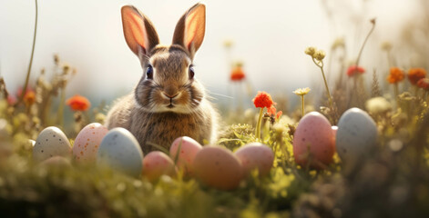 Easter fluffy bunny rabbit sits in a field of grass surrounded by painted Easter eggs and flowers.