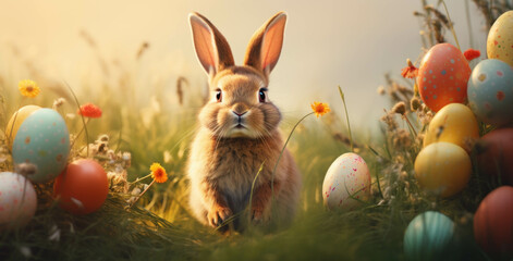 Fototapeta na wymiar Easter fluffy bunny rabbit sits in a field of grass surrounded by painted Easter eggs and flowers.