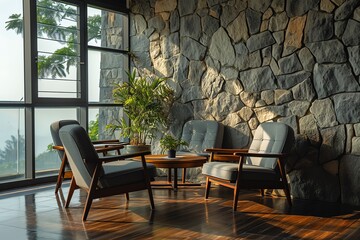 Modern Living Room with Stone Wall and Floor-to-Ceiling Windows