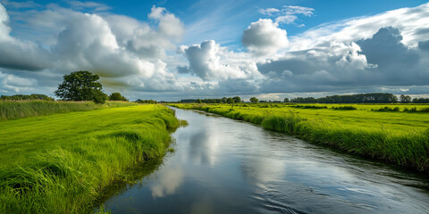 Gentle River Flowing Through a Lush Countryside under a Dynamic Sky
