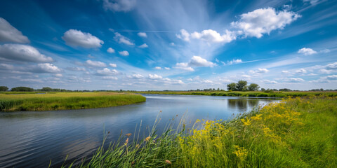 Naklejka premium Panoramic View of a Meandering River in a Verdant Rural Landscape 