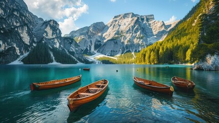  a group of three boats floating on top of a lake next to a forest covered mountain covered with trees and a blue body of water filled with lots of water. - obrazy, fototapety, plakaty