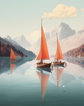  a painting of two sailboats floating on a lake with mountains in the background and a bird flying in the sky above the water and a bird flying in the foreground.