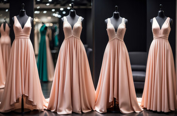 Naklejka premium Elegant formal pink dresses for sale in luxury modern shop boutique