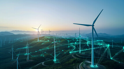 Wind Turbines Networked in Hilly Landscape at Dawn with Digital Overlay
