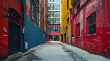  a narrow alley way in a city with red, yellow, and blue buildings on either side of it and a blue door on the other side of the alleyway.