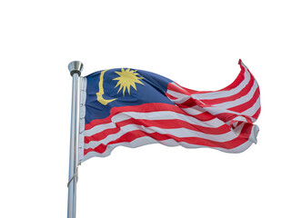 Malaysia flag tied to a pole, waving. Isolated on transparent background.