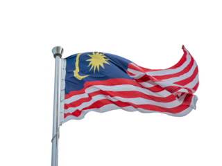 Malaysia flag tied to a pole, waving. Isolated on transparent background.