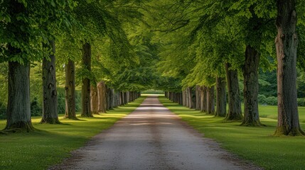  a dirt road surrounded by trees on both sides of the road is surrounded by green grass and trees on both sides of the road are lined with rows of trees.