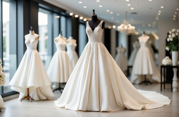 Elegant white wedding dresses for sale in luxury modern shop boutique