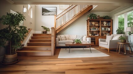 Farmhouse style living room with wooden staircase and cozy sofa in modern home interior