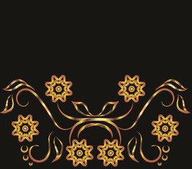 Fantasy illustration with flowers. Symmetrical ornament, applique, background with space for inscription. Gold gradient on a black background for printing on fabric, applique and cards.