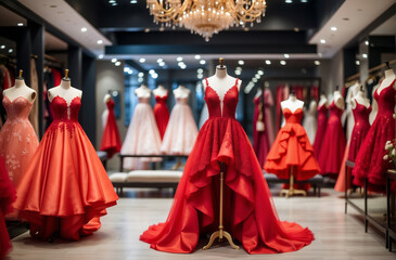 Beautiful red dress for sale in luxury modern shop boutique - obrazy, fototapety, plakaty