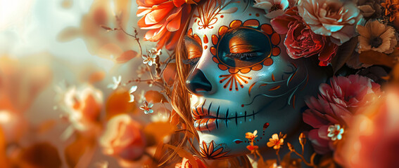 Vibrant Day of the Dead Celebration - A Colorful Artistic Representation of a Female with Traditional Sugar Skull Makeup Surrounded by Blooming Flowers - obrazy, fototapety, plakaty