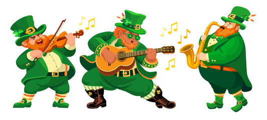 Three funny fat musicians in leprechaun costumes. People with a guitar, violin, saxophone. Cartoon characters in flat style isolated on white. Illustration for St. Patricks Day,  Irish holiday. Vector