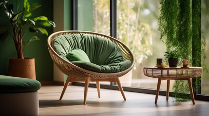 Green lounge chair and wicker round coffee table in a modern living room with mid-century style and natural light