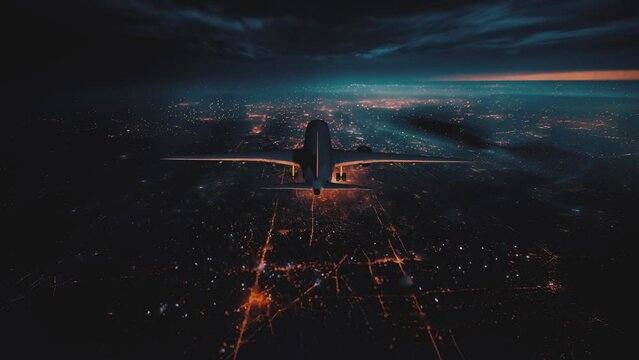 Back view of Commercial Passenger Jet Plane Flying Above Night City, Distant Lights and Dark Clouds in Moonlight
