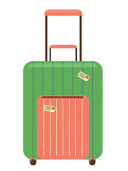 The traveling suitcase, cabin luggage and check in baggage. Vector cartoon illustration isolated on a white background. A green old-fashioned suitcase with wheels for travel
