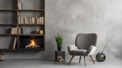 Cozy and minimalist living room with grey chair, fireplace, and window view. Scandinavian style home decor.