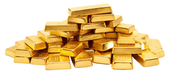 Polished gold bars neatly stacked, shining brilliantly, cut out