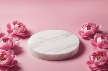 Empty round podium cosmetic product. Fresh pink peony flowers around. Abstract geometrical one form. Cylinder marble white sphere, soft shadow. Pastel soft background. Trendy showcase, display case.