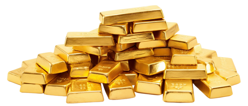 Polished gold bars neatly stacked, shining brilliantly, cut out