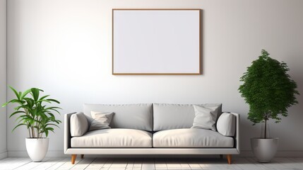 Modern living room with grey sofa and white wall featuring a blank poster frame for your design