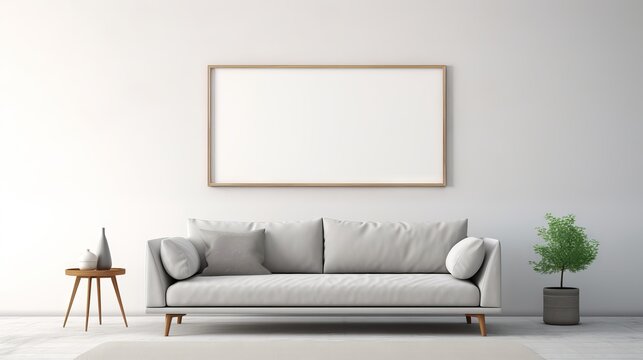 Modern living room with grey sofa and white wall featuring a blank poster frame for your design
