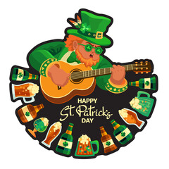 Happy Saint Patricks Day. Festive composition with a cute leprechaun, guitar, and beer on a black background. Hand-drawn lettering. Spring holiday March 17 Saint Patrick. Sticker. Vector illustration.