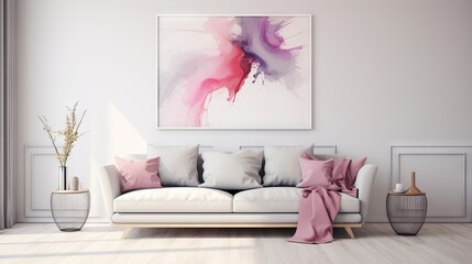 Modern living room with grey sofa, pink accents, and abstract art poster on white wall