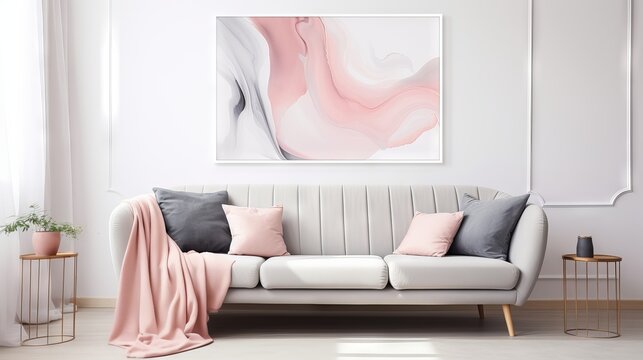 Modern living room with grey sofa, pink accents, and abstract art poster on white wall