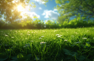 Green grass bathed in sunlight under a bright blue sky