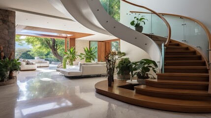 Spacious and elegant entrance hall with wooden staircase and white walls in a modern villa