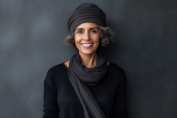 Portrait of a happy senior woman wearing scarf and headwear over grey background - obrazy, fototapety, plakaty