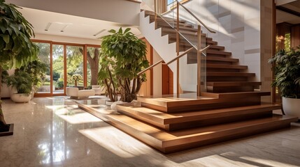 Fototapeta premium Spacious and elegant entrance hall with wooden staircase and white walls in a modern villa