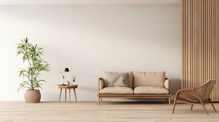 Japandi living room with beige sofa and chair in minimalist home interior design