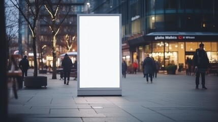 Mockup of a blank and clean screen or signboard displayed in a public area, with people walking in the background.