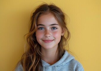 Fototapeta premium little caucasian girl with colorful sweatshirt in professional colorful photo studio background