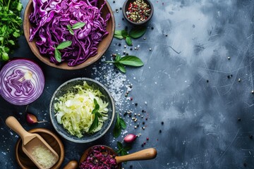 Fresh pickled sauerkraut cabbage with ingredients in bowl