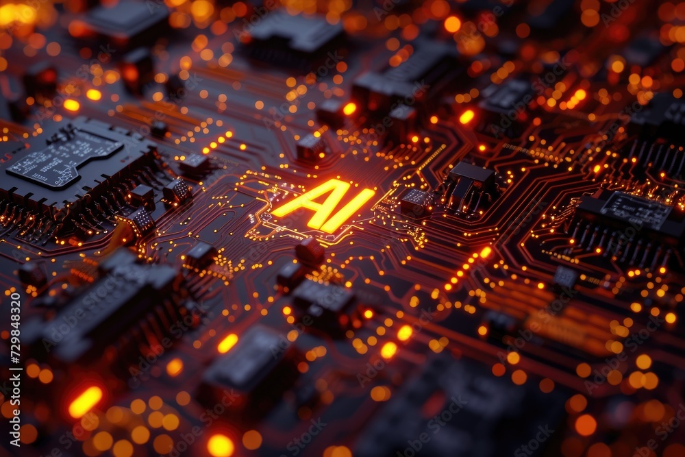 Aufkleber A glowing AI symbol and complex circuit board, illustrating the integration of artificial intelligence technology with electronic hardware.