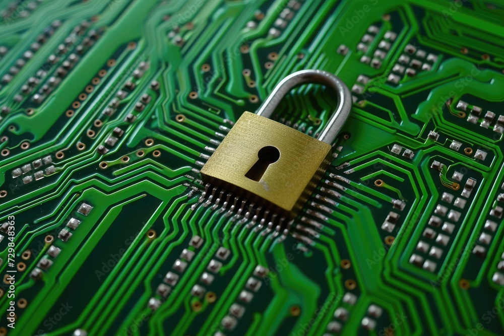 Poster Cyber security concept. Padlock on circuit board background