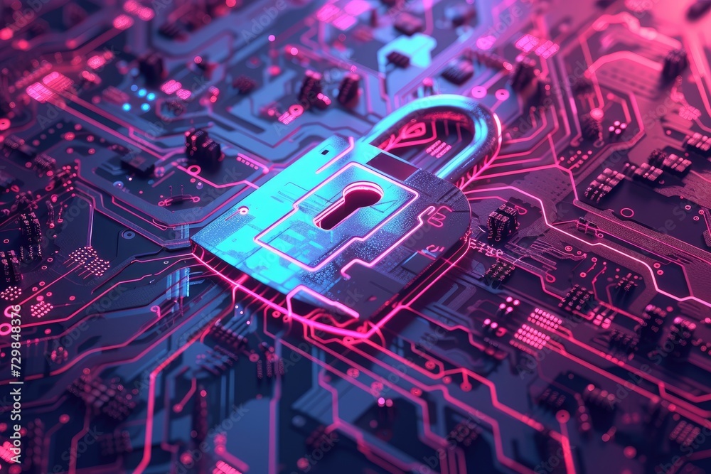 Poster Cyber security concept. Padlock on circuit board background