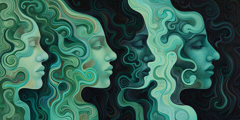 Mystical Female Profile Amidst Swirling Abstract Patterns - Artistic Representation of Feminine Energy and Nature