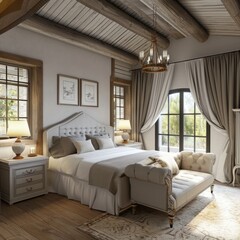 Bedroom with a large double bed in the style of the French countryside