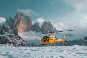 Yellow emergency helicopter in mountains dolomites